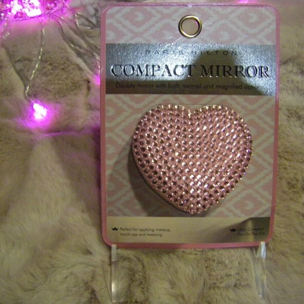 Paris Hilton Glamorous Compact Mirror Foldable Pink Heart Two/Side NWT